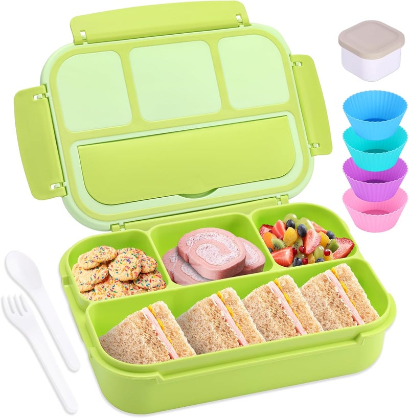 shell and turtle Bento Box Adult Lunch Box, Lunch Containers for Kids Girls Boys with 4 Compartments, Lunchable Food Container with Utensils, Sauce Jar, Muffin Liners, 40 Oz/5 Cup, Bright Green - Image 1
